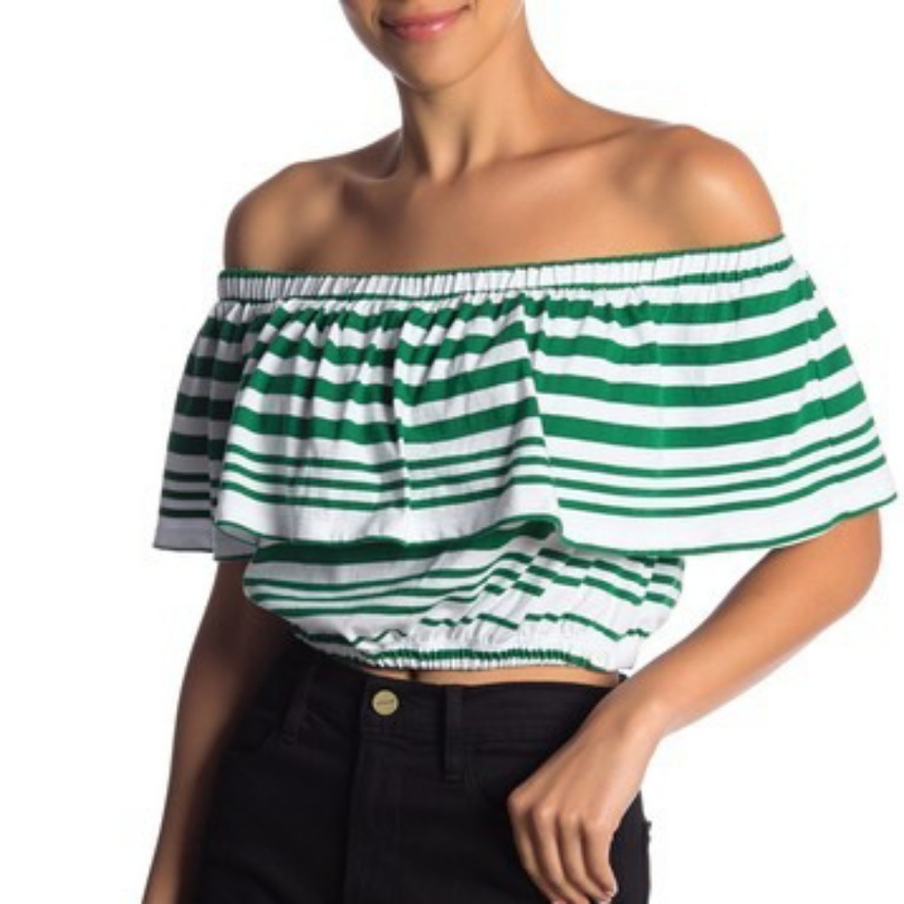 Off The Shoulder Green Stripe Ruffle Crop Top